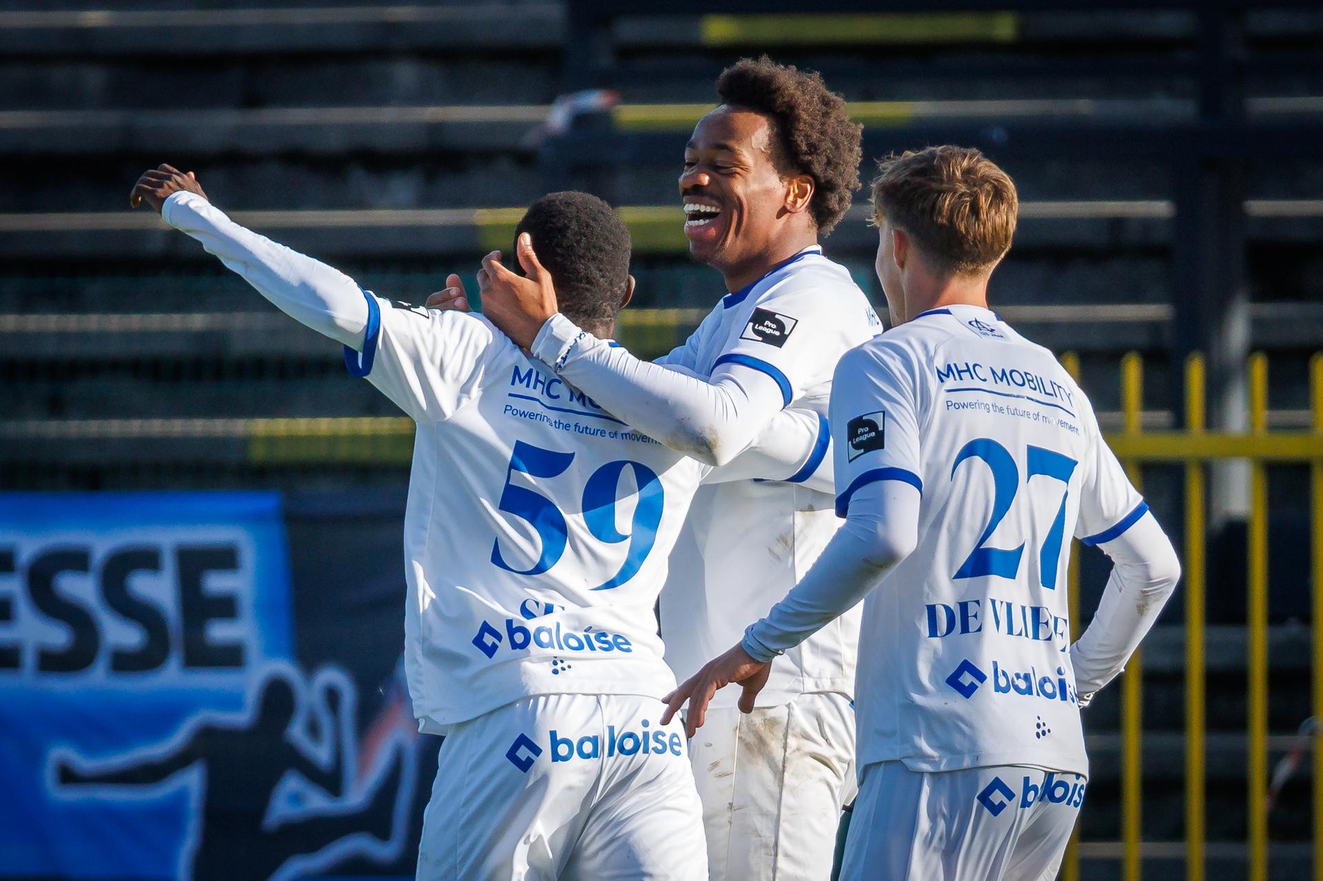 Jong Gent's El Hadji Seck celebrates after scoring during a soccer game between Club NXT and Jong KAA Gent, Saturday 04 October 2025 in Roeselare, on day 9 of the 2025-2026 'Challenger Pro League' 1B second division of the Belgian championship. BELGA PHOTO KURT DESPLENTER
