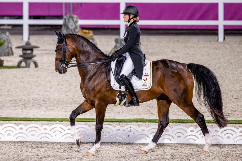 Belgian Equestrian jumping rider Lara De Liedekerke De Pailhe and her horse Alpaga d Arville pictured in action during the dressage event of the Eventing equestrian competition, on the eighth day of the 'Tokyo 2020 Olympic Games' in Tokyo, Japan on Friday 30 July 2021. The postponed 2020 Summer Olympics are taking place from 23 July to 8 August 2021. BELGA PHOTO DIRK CAREMANS
