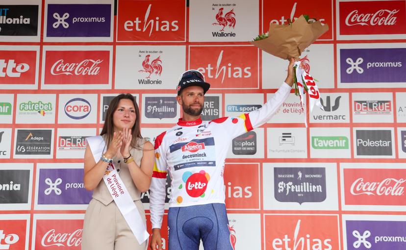 Belgian Jimmy Janssens of Alpecin-Deceuninck celebrates on the podium after stage 3 of the Tour De Wallonie cycling race, from Mouscron to Thuin (192 km), Friday 26 July 2024. This year's Tour de Wallonie takes place from 22 to 26 July 2023. BELGA PHOTO VIRGINIE LEFOUR
