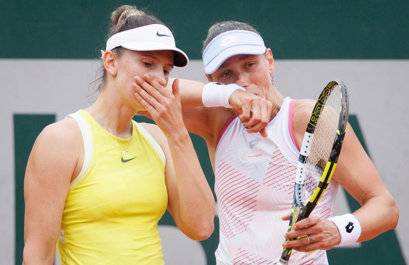 Romanian Irina-Camelia Begu and Belgian Yanina Wickmayer pictured during a doubles tennis match against US-Russian pair Melichar-Martinez - Samsonova, in the second round of the women's doubles at the Roland Garros Grand Slam tennis tournament, Saturday 31 May 2025 in Paris, France. The 2025 edition of Roland Garros takes place from May 24th to June 8th 2025. BELGA PHOTO BENOIT DOPPAGNE