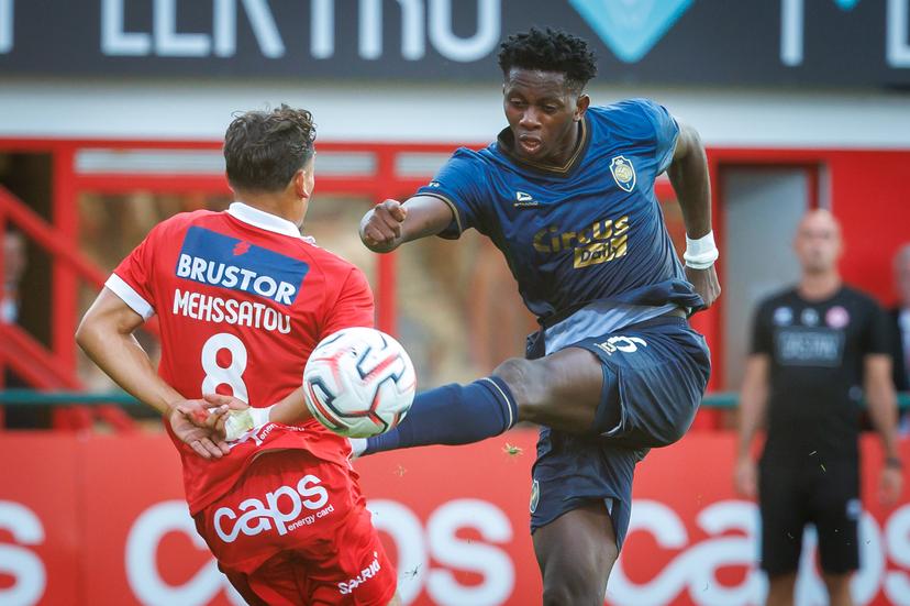 Kortrijk's Nayel Mehssatou and Antwerp's Jules Ahoka fight for the ball a soccer match between KV Kortrijk and Royal Antwerp FC, Saturday 15 August 2026 in Kortrijk, on day 2 of the 2026-2027 'Jupiler Pro League' first division of the Belgian championship. BELGA PHOTO KURT DESPLENTER