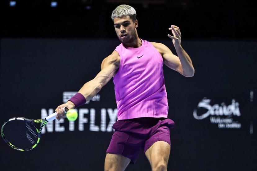 Spain's Carlos Alcaraz hits a return against Italy's Jannik Sinner during the final the Six Kings Slam exhibition tennis tournament in Riyadh on October 18, 2025.  Fayez NURELDINE / AFP