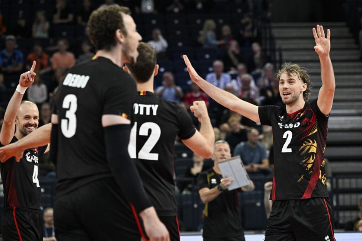 Team Belgium celebrates during the men's volleyball European Championships Pool C match Netherlands vs Belgium in Tampere, Finland, on September 11, 2026.   Emmi Korhonen / Lehtikuva / AFP