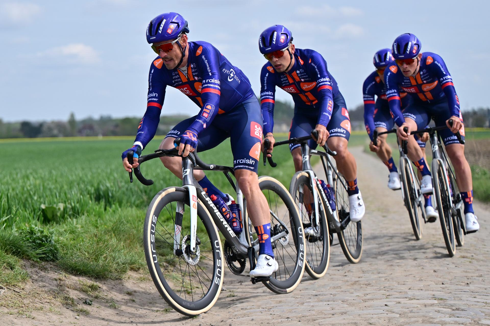 German John Degenkolb of Team Picnic PostNL (L) pictured in action during the reconnaissance of the track ahead of this year's Paris-Roubaix cycling race, Friday 10 April 2026, around Roubaix, France. The 123rd edition of Paris-Roubaix cycling races will take on Sunday, with the women riding 143,1 km the men riding 258,3 km on Sunday.  BELGA PHOTO DIRK WAEM