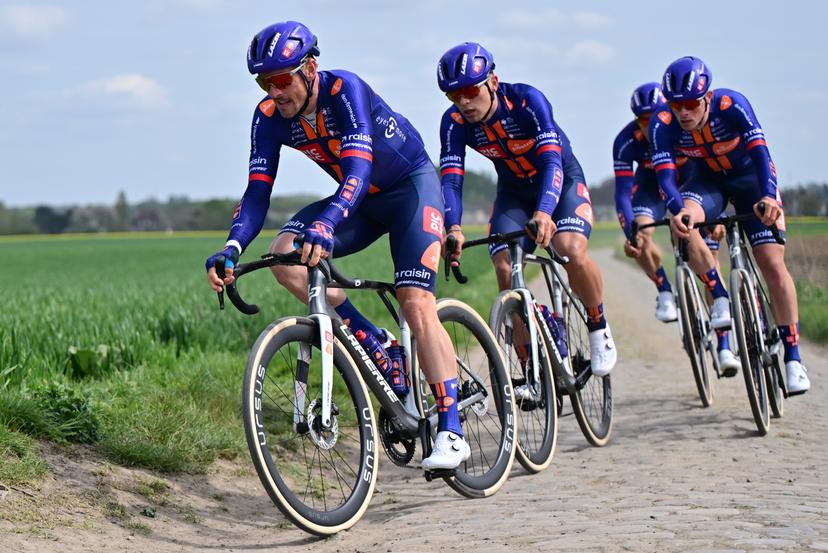 German John Degenkolb of Team Picnic PostNL (L) pictured in action during the reconnaissance of the track ahead of this year's Paris-Roubaix cycling race, Friday 10 April 2026, around Roubaix, France. The 123rd edition of Paris-Roubaix cycling races will take on Sunday, with the women riding 143,1 km the men riding 258,3 km on Sunday.  BELGA PHOTO DIRK WAEM
