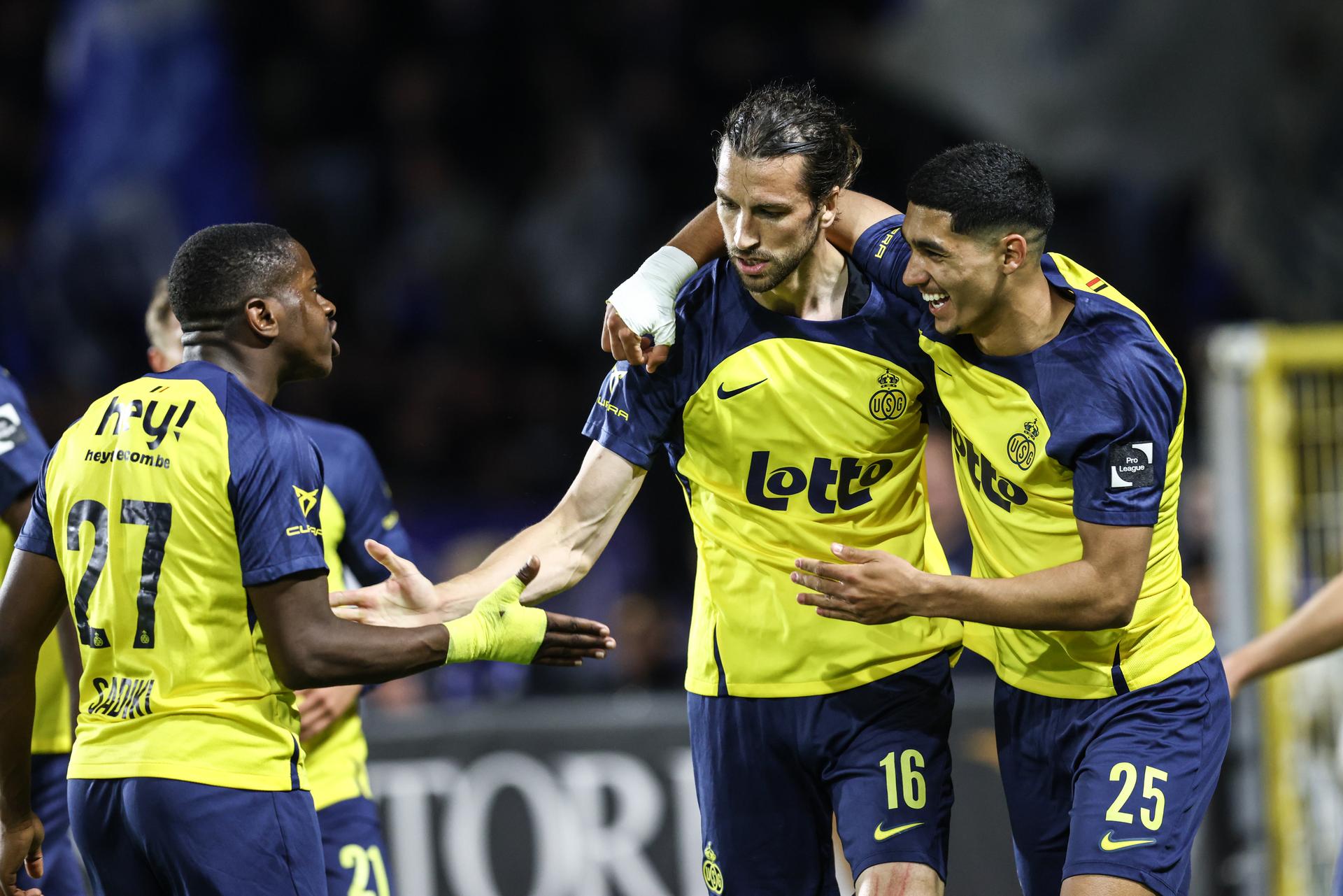 Union's Christian Burgess celebrates after scoring during a soccer match between Royale Union Saint-Gilloise and KRC Genk, Saturday 03 May 2025 in Brussels, on day 7 (out of 10) of the Champions' Play-offs of the 2024-2025 'Jupiler Pro League' first division of the Belgian championship. BELGA PHOTO BRUNO FAHY