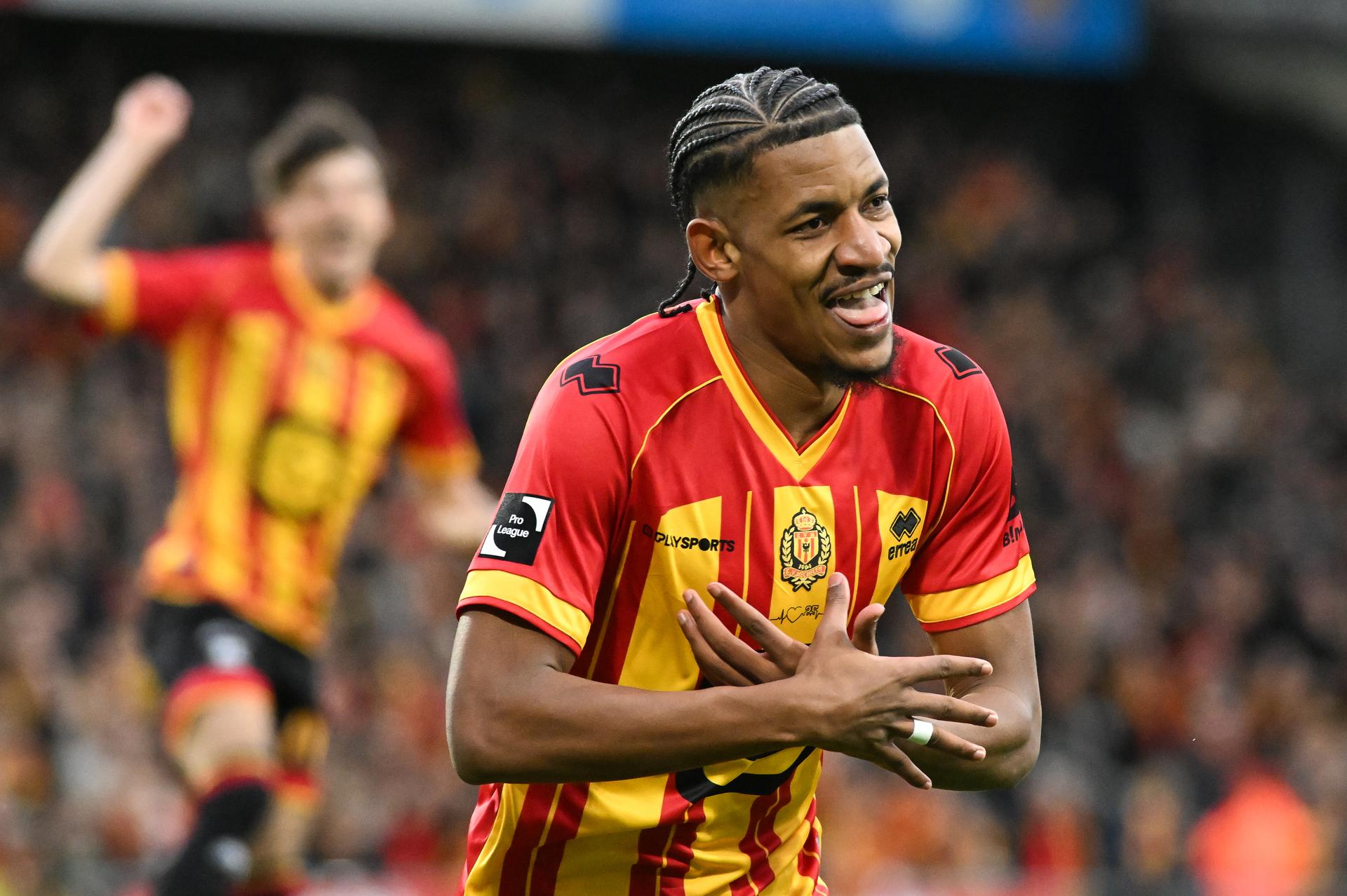 Mechelen's Redouane Halhal celebrates after scoring during a soccer match between KV Mechelen and SV Zulte Waregem, Saturday 28 February 2026 in Mechelen, on day 27 of the 2025-2026 'Jupiler Pro League' first division of the Belgian championship. BELGA PHOTO JILL DELSAUX