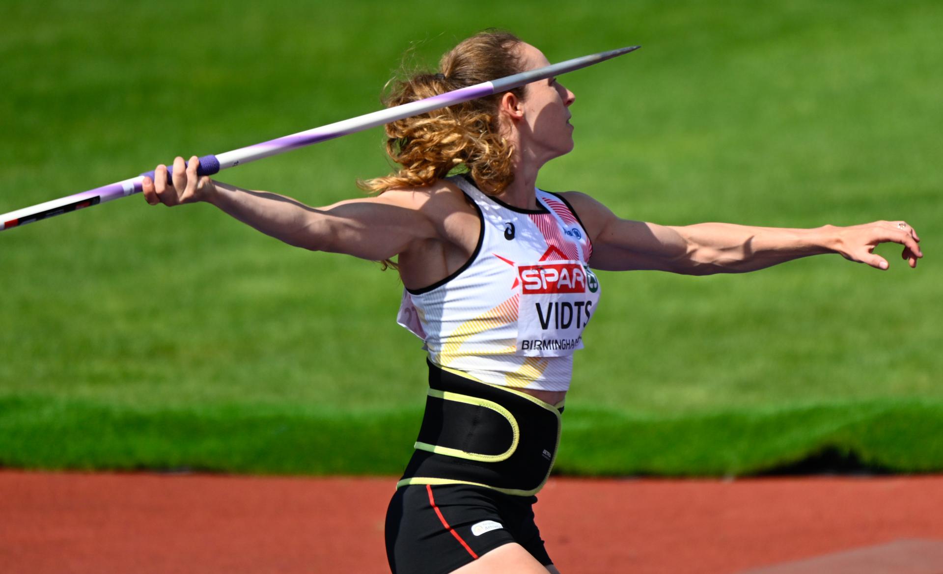 Belgian Noor Vidts pictured in action during the javelin throw event of the heptathlon competition, at the European Athletics Championships (August 10-18) in Birmingham, United Kingdom, on Saturday 15 August 2026. BELGA PHOTO ERIC LALMAND