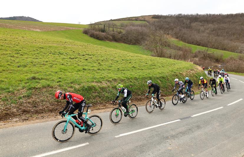 Australian Miles Scotson of Arkea-BB Hotels, Spanish Joel Nicolau of Caja Rural-Seguros RGA and Uruguayan Thomas Silva of Caja Rural-Seguros RGA pictured in action during stage five of the 83th edition of the Paris-Nice cycling race, 196,5 km from Saint-Just-en-Chevalet to La Cote-Saint-Andre, France, Thursday 13 March 2025. BELGA PHOTO DAVID PINTENS