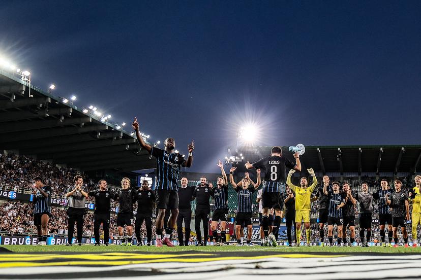 Club's players celebrate after winning a soccer game between Belgian soccer team Club Brugge and Austrian team FC Salzburg, on Tuesday 12 August 2025 in Brugge, the second leg of the third qualifying round for the UEFA Champions League competition. BELGA PHOTO BRUNO FAHY