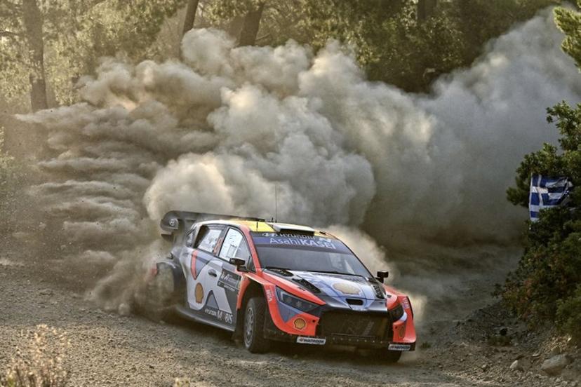 Estonia's Ott Tanak and his co-driver Martin Jarveoja driver their Hyundai i20 N Rally1 at the special stage Agioi Theodoroi during the Acropolis Rally in Agioi Theodoroi on June 27, 2025.  Valerie GACHE / AFP