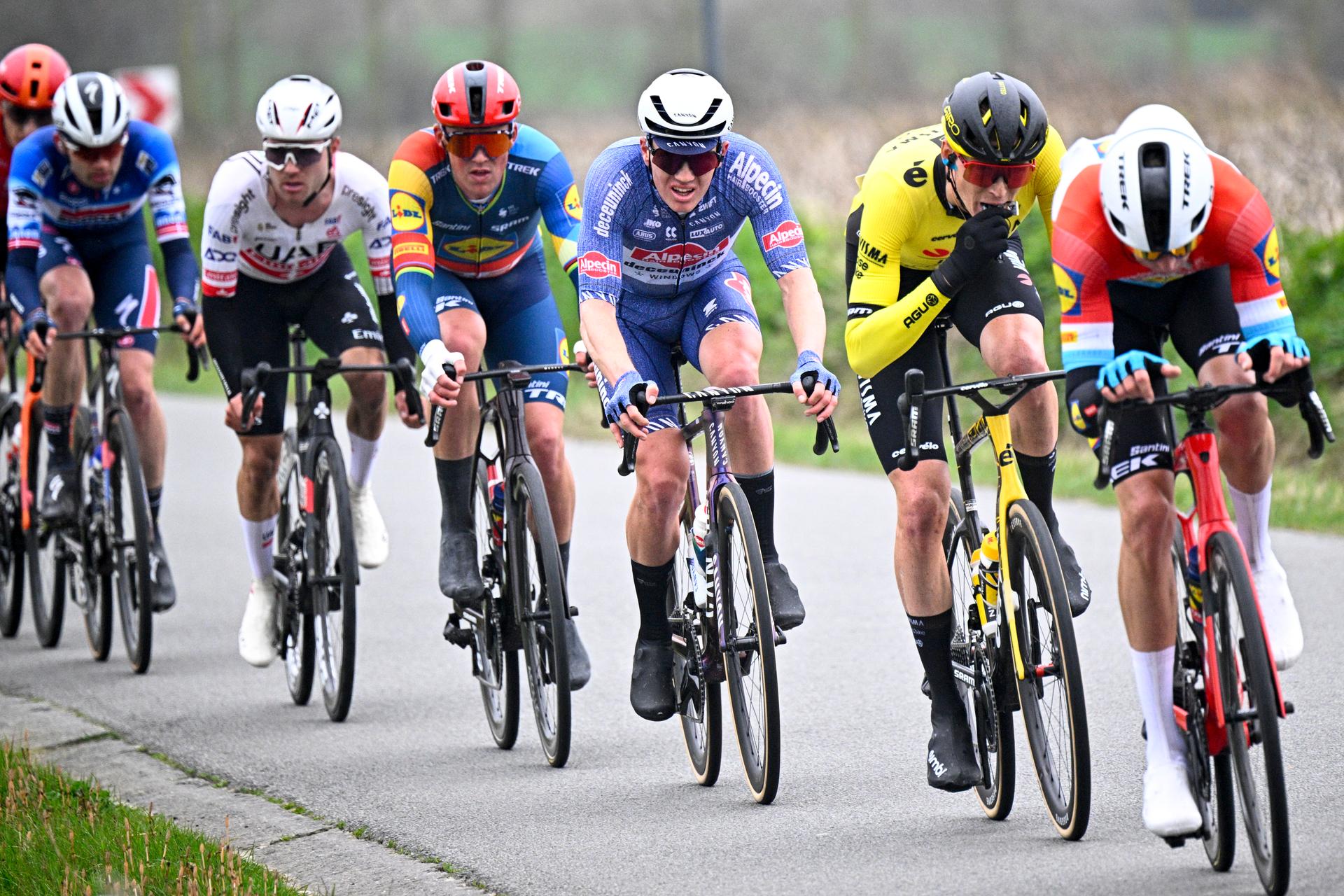 Danish Mads Pedersen of Lidl-Trek, Danish Soren Kragh Andersen of Alpecin-Deceuninck, US Matteo Jorgenson of Team Visma-Lease a Bike and Luxembourgish Alex Kirsch of Lidl-Trek pictured in action during the 'E3 Saxo Bank Classic' one day cycling race, 207km from and to Harelbeke, Friday 22 March 2024. BELGA PHOTO JASPER JACOBS