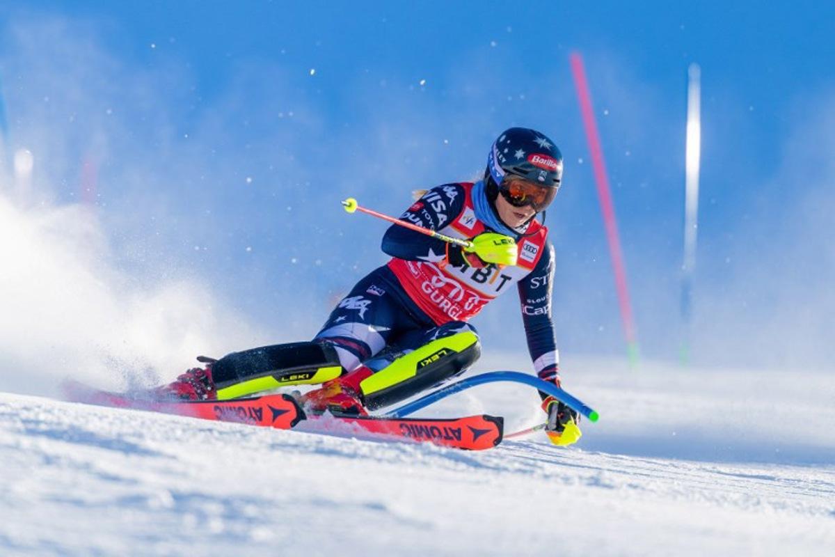 USA's Mikaela Shiffrin competes during the women's slalom event of the FIS Alpine Skiing World Cup in Gurgl, Austria on November 23, 2025.  Johann GRODER / EXPA / APA / AFP