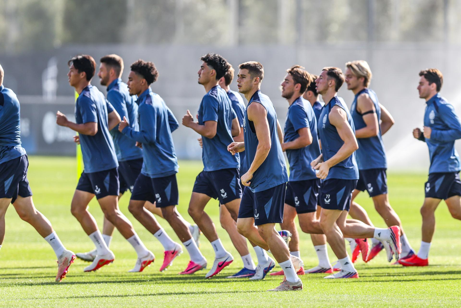 Club's players are pictured during a training session of Belgian soccer team Club Brugge KV, Monday 7 September 2026 in Knokke-Heist. Club is preparing for the first game in the UEFA Champions League league phase against English Aston Villa FC tomorrow. BELGA PHOTO BRUNO FAHY