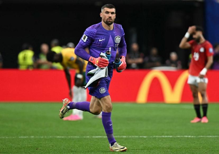 Australia's goalkeeper #01 Mathew Ryan enters the pitch  during the 2026 World Cup round of 32 football match between Australia and Egypt at the Dallas Stadium in Arlington on July 3, 2026.   Paul ELLIS / AFP
