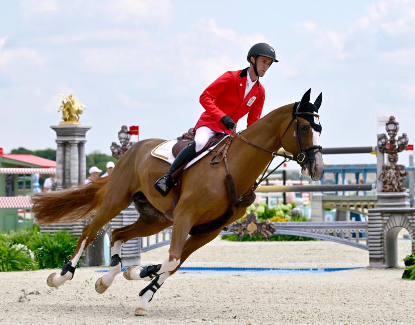 Belgian rider Gilles Thomas and his horse Ermitrage Kalone pictured in action during the Equestrian Jumping Team final at the Paris 2024 Olympic Games, on Friday 02 August 2024 in Paris, France. The Games of the XXXIII Olympiad are taking place in Paris from 26 July to 11 August. The Belgian delegation counts 165 athletes competing in 21 sports. BELGA PHOTO DIRK WAEM