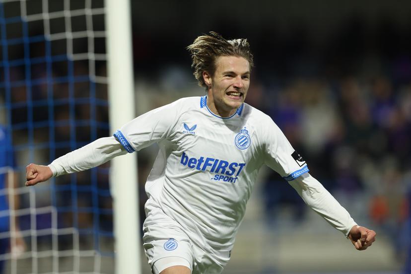 Club's Romeo Vermant celebrates after scoring during a soccer match between FCV Dender EH and Club Brugge, Sunday 14 December 2025 in Denderleeuw, on day 18 of the 2025-2026 'Jupiler Pro League' first division of the Belgian championship. BELGA PHOTO BRUNO FAHY
