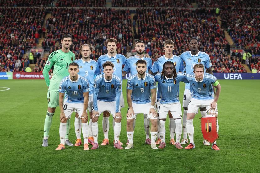 Belgium's players pictured at the start of a soccer game between Wales and Belgian national team Red Devils, in Cardiff, Wales on Sunday 12 October 2025, qualifier 6/8 for the 2026 FIFA World Cup. BELGA PHOTO BRUNO FAHY