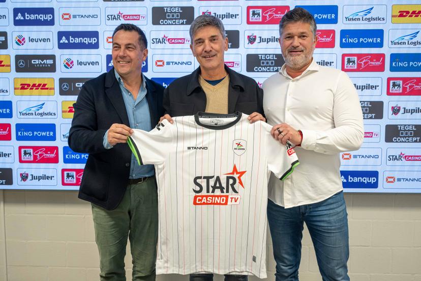 OHL's CEO Frederic Van den Steen, OHL's new head coach Felice Mazzu and OHL's technical director Gyorgy Csepregi pose for the photographer at a press conference of Belgian soccer team Oud-Heverlee Leuven to present their new head coach, Monday 27 October 2025 in Leuven. BELGA PHOTO JONAS ROOSENS