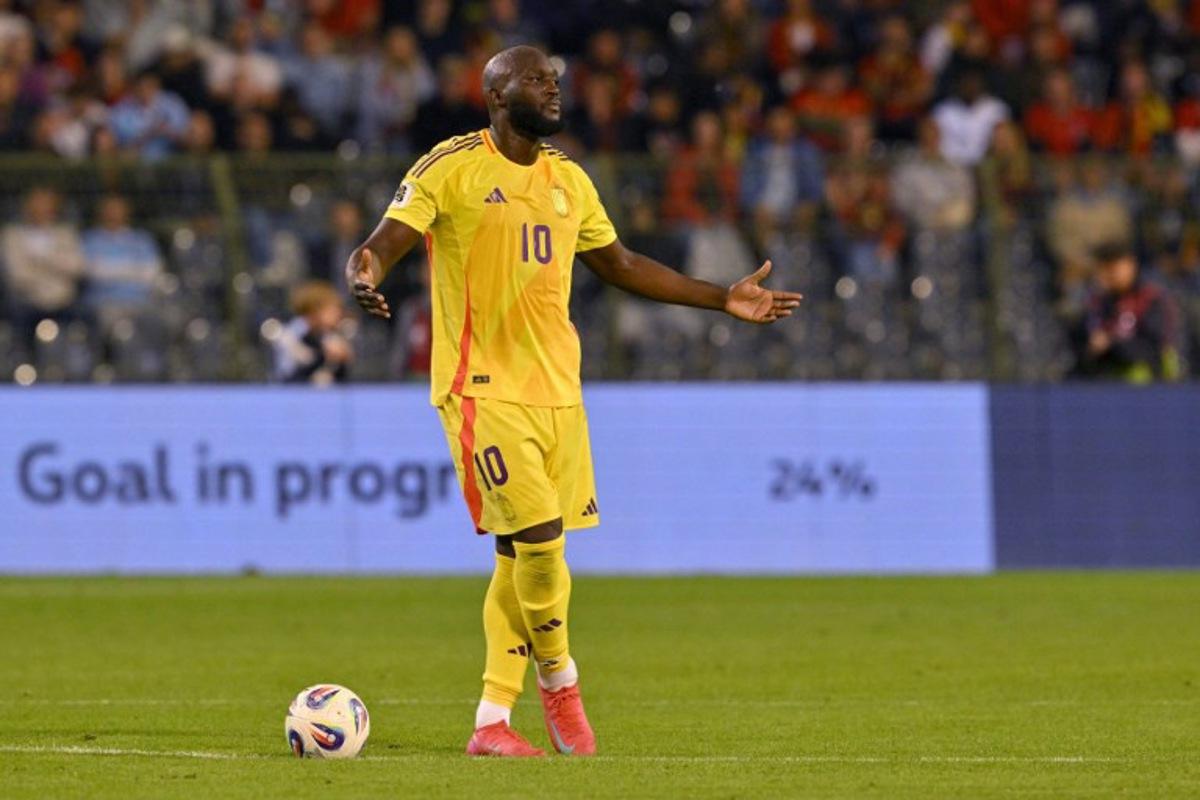 Belgium's forward #10 Romelu Lukaku reacts after a goal was ruled out by VAR during the FIFA World Cup 2026 Group J European qualification football match between Belgium and Wales at the King Baudouin Stadium in Brussels, on June 9, 2025.  NICOLAS TUCAT / AFP