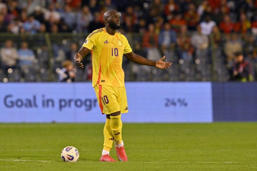 Belgium's forward #10 Romelu Lukaku reacts after a goal was ruled out by VAR during the FIFA World Cup 2026 Group J European qualification football match between Belgium and Wales at the King Baudouin Stadium in Brussels, on June 9, 2025.  NICOLAS TUCAT / AFP