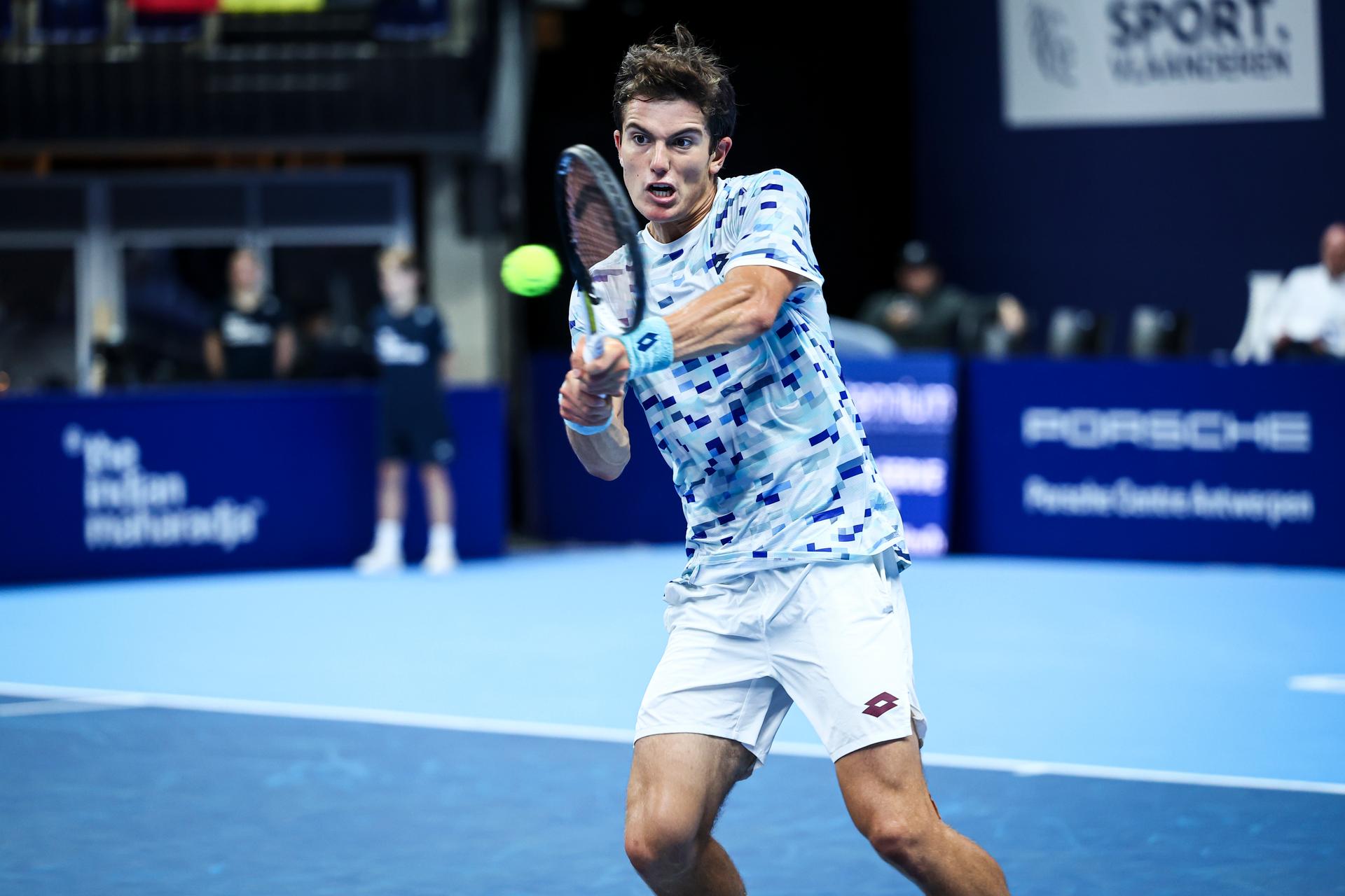 Belgian Gilles-Arnaud Bailly pictured in action during a tennis match in the round of 32 of the singles competition at the ATP European Open Tennis tournament in Antwerp, Wednesday 16 October 2024. BELGA PHOTO DAVID PINTENS