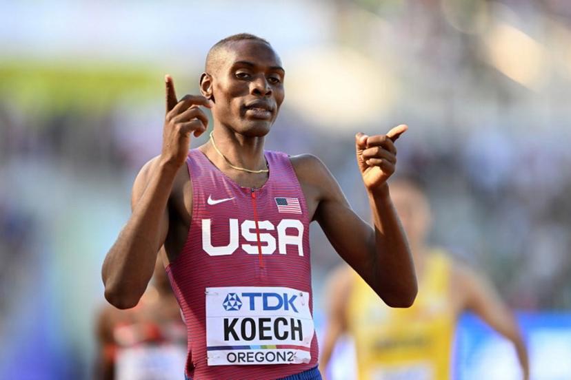 USA's Jonah Koech reacts after crossing the finish line in the men's 800m heats during the World Athletics Championships at Hayward Field in Eugene, Oregon on July 20, 2022.   Jewel SAMAD / AFP