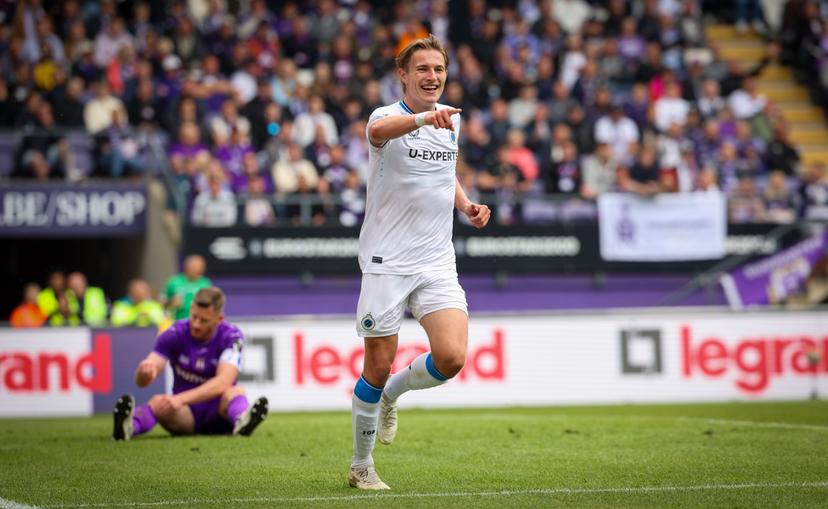 Club's Romeo Vermant celebrates after scoring during a soccer match between RSC Anderlecht and Club Brugge, Sunday 18 May 2025 in Brussels, on day 9 (out of 10) of the Champions' Play-offs of the 2024-2025 'Jupiler Pro League' first division of the Belgian championship. BELGA PHOTO VIRGINIE LEFOUR
