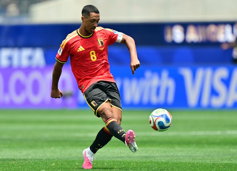 Belgium's Youri Tielemans fights for the ball during a soccer game between Belgian national team Red Devils and Iran, on Sunday 21 June 2026, at the SoFi stadium in Los Angeles, the second game in the group stage of the FIFA World Cup 2026 in the United States of America. The Diables Rouges - Rode Duivels were drawn into Group G. BELGA PHOTO DIRK WAEM