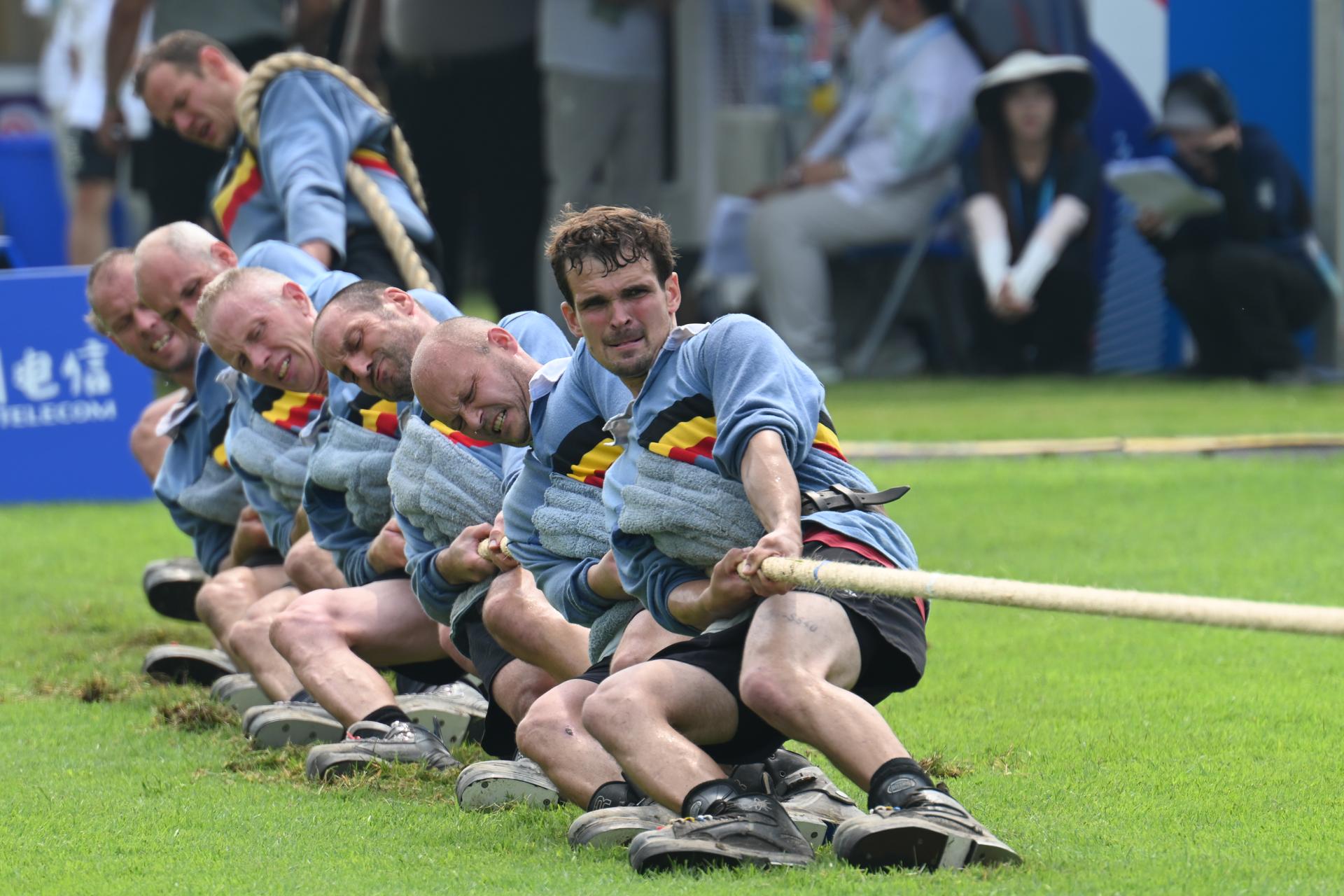 ATTENTION EDITORS - HANDOUT PICTURE - EDITORIAL USE ONLY - MANDATORY CREDIT BOIC - COIB   - Belgian team pictured in action at the Tug of War competition at the World Games 2025, in Chenghdu, China, on Saturday 9 August 2025. This year, the World Games take place from 07 to 17 augustus. PHOTO HANDOUT BOIC - COIB