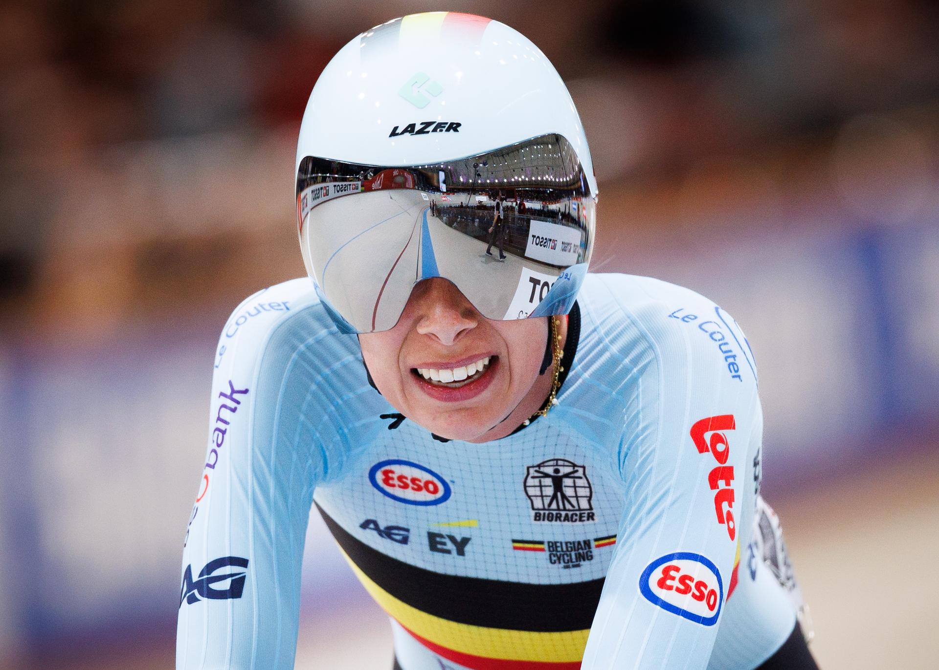 Belgian Shari Bossuyt pictured in action during the Elimination Race of the Women's Omnium (event 3/4) at the 2025 UCI Track World Championships cycling, in Santiago, Chile, Friday 24 October 2025. The Track World Championships take place from 22 to 26 October at the Velodromo de Penalolen in Santiago, Chile. BELGA PHOTO BENOIT DOPPAGNE