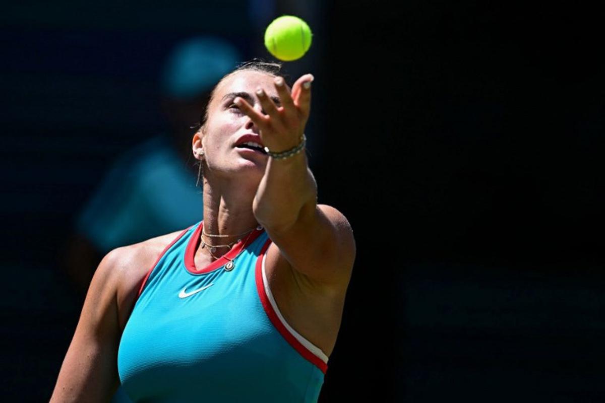 Belarus' Aryna Sabalenka serves the ball to Czech Republic's Marketa Vondrousova (not in picture) during their semi-final match at the WTA tennis tournament in Berlin on June 21, 2025.  Tobias SCHWARZ / AFP