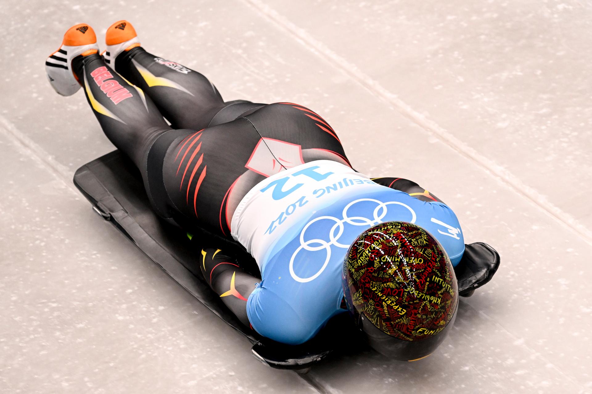 Belgian skeleton athlete Kim Meylemans pictured in action during the third run of the women's Skeleton event at the Beijing 2022 Winter Olympics in Beijing, China, Saturday 12 February 2022. The winter Olympics are taking place from 4 February to 20 February 2022. BELGA PHOTO LAURIE DIEFFEMBACQ
