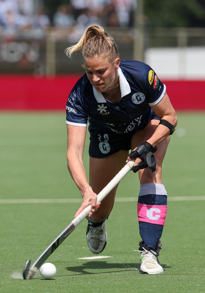 Gantoise's Alix Gerniers pictured in action during a hockey game between Gantoise and Braxgata, Sunday 12 May 2024 in Antwerp, the return leg of the finals of the playoffs in the Belgian Hockey League women during the 2023-2024 season. BELGA PHOTO VIRGINIE LEFOUR