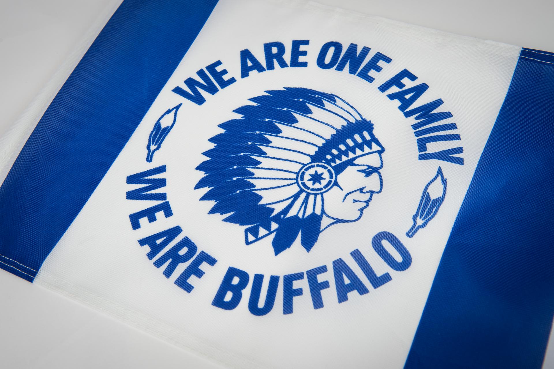 20151013 - BRUSSELS, BELGIUM: Illustration picture shows a fan flag with buffalo indian logo reading 'We are one family - We are Buffalo' of Belgian first league soccer team KAA Gent, Tuesday 13 October 2015, in Brussels. BELGA PHOTO JASPER JACOBS
