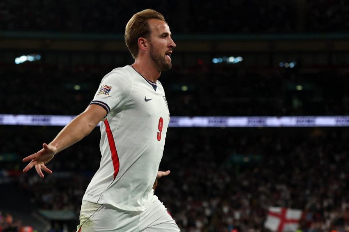 England's striker #09 Harry Kane celebrates scoring the team's third goal during the UEFA Nations League, League A - Group 3, football match between England and Czech Republic at Wembley Stadium in London on October 6, 2026.   Adrian Dennis / AFP