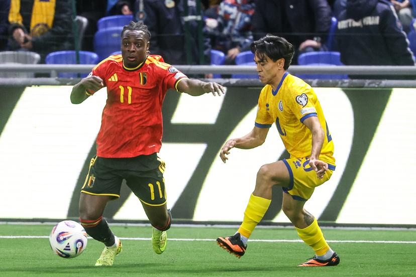 Belgium's Jeremy Doku pictured in action during a soccer game between Kazakhstan and Belgium's Red Devils, Saturday 15 November 2025 in Astana, Kazakhstan, qualification game 7/8 for the 2026 FIFA World Cup. BELGA PHOTO VIRGINIE LEFOUR