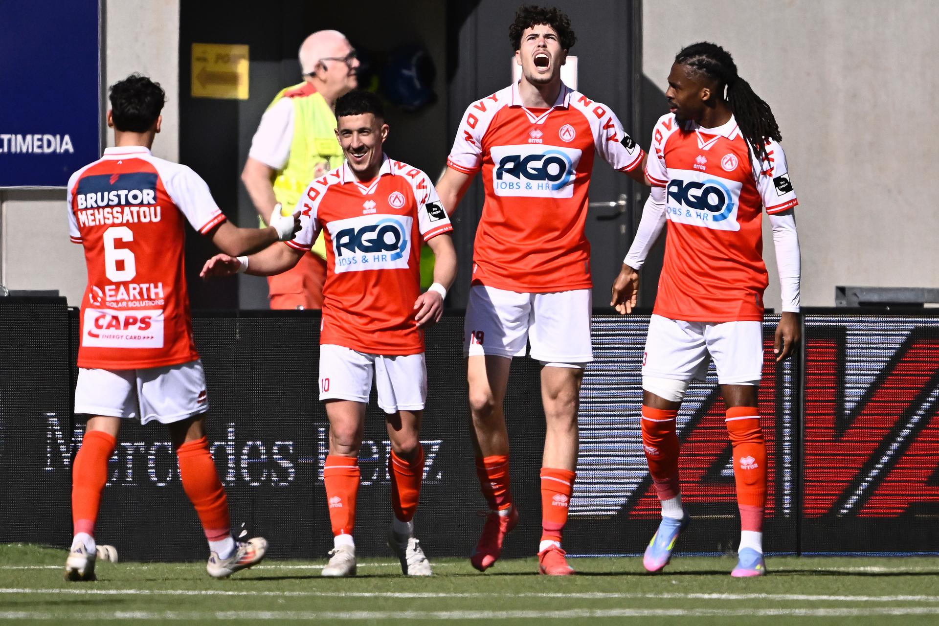 Kortrijk's Nacho Ferri celebrates after scoring during a soccer match between Sint-Truidense VV and KV Kortrijk, Sunday 06 April 2025 in Sint-Truiden, on day 2 (out of 6) of the Relegation Play-offs of the 2024-2025 'Jupiler Pro League' first division of the Belgian championship. BELGA PHOTO JOHAN EYCKENS