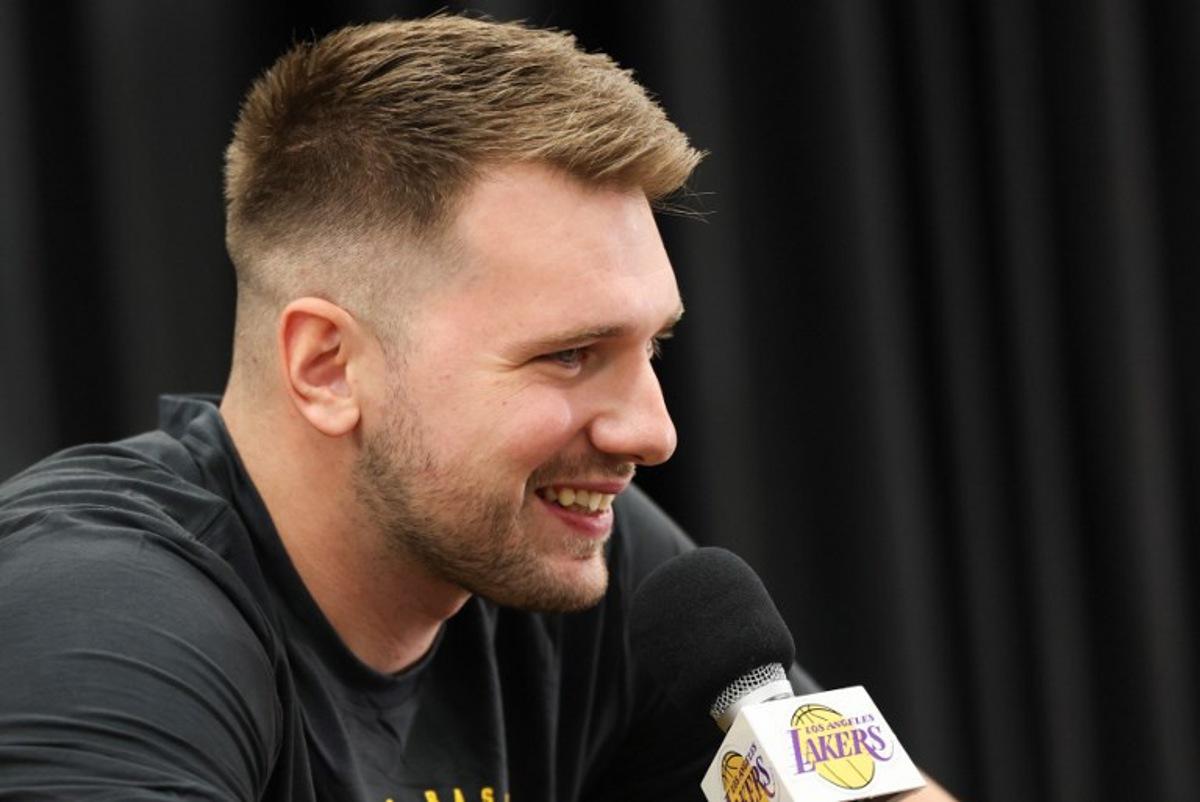 Slovenian professional basketball player Luka Doncic speaks to reporters during the Los Angeles Lakers media day at UCLA Health Training Center El Segundo, California on September 29, 2025.  Patrick T. Fallon / AFP