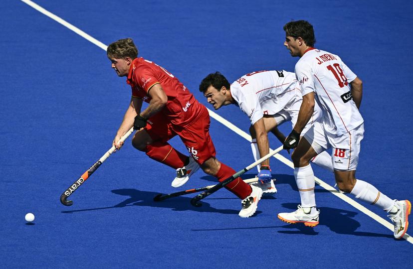 Belgium's Victor Wegnez and Spanish Joaquin Menini pictured in action during a hockey game between Spain and the Belgian national team Red Lions, match 3/3 in the pool stage of the 2025 men's European championships, Tuesday 12 August 2025 in Monchengladbach, Germany. BELGA PHOTO ERIC LALMAND