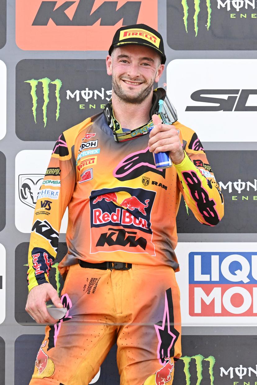 Dutch Jeffrey Herlings celebrates on the podium after winning the motocross MXGP Grand Prix Flanders, race 14/20 of the FIM Motocross World Championship, Sunday 28 July 2024 in Lommel. BELGA PHOTO MAARTEN STRAETEMANS