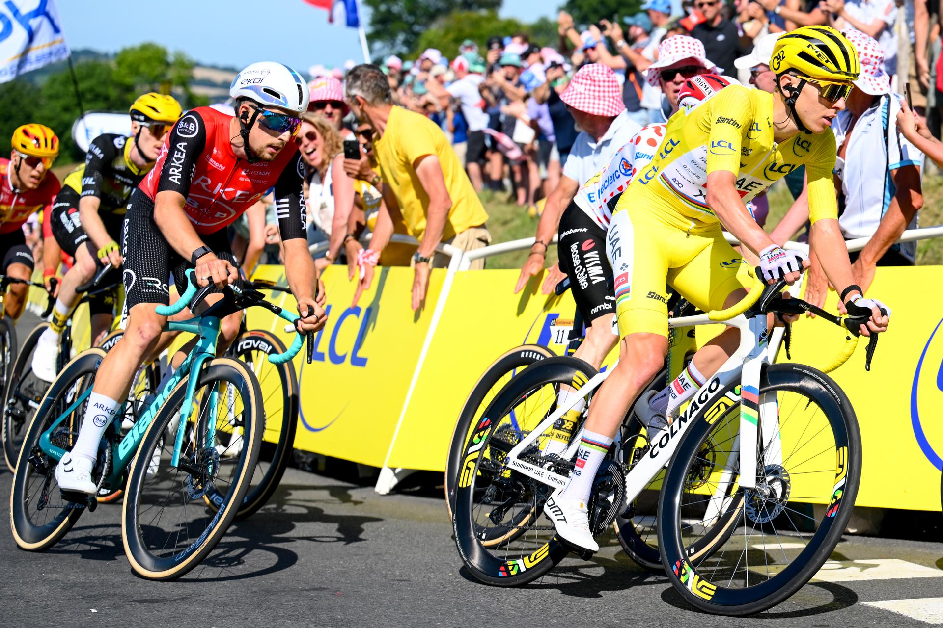 French Kevin Vauquelin of Arkea-BB Hotels and Slovenian Tadej Pogacar of UAE Team Emirates pictured in action during stage six of the 2025 Tour de France cycling, from Bayeux to Vire Normandie (201 km), on Thursday 10 July 2025 in France. The 112th edition of the Tour de France starts on Saturday 5 July in Lille, France, and will finish in Paris, France on the 27th of July. BELGA PHOTO POOL VINCENT KALUT