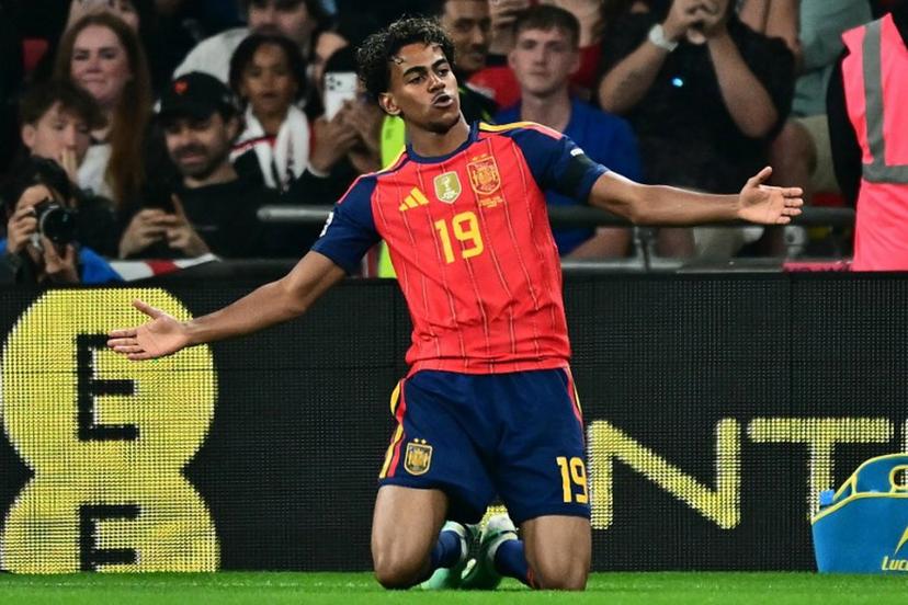 Spain's striker #19 Lamine Yamal celebrates scoring the team's first goal during the UEFA Nations League, League A - Group 3, football match between England and the Spain at Wembley Stadium in London on September 26, 2026.   Ben STANSALL / AFP