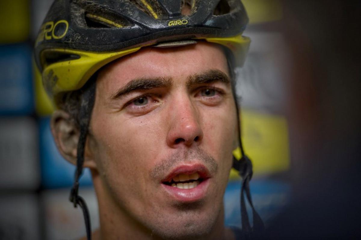 French rider of team Visma Lease A Bike Christophe Laporte speaks during a press conference after winning the 118th edition of the 213,9 km Paris-Tours one day cycling race, in Tours, central France on October 6, 2024.  GUILLAUME SOUVANT / AFP
