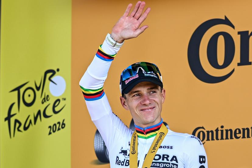 Belgian Remco Evenepoel of Red Bull-BORA-hansgrohe celebrates on the podium after winning the stage 16 of the 2026 Tour de France cycling race, an individual Time Trial stage of 26km from Evian-les-Bains to Thonon-les-Bains, on Tuesday 21 July 2026. The 113th edition of the Tour de France starts on Saturday 4 July in Barcelona, Spain, and will finish in Paris, France on the 26th of July. BELGA PHOTO DAVID PINTENS