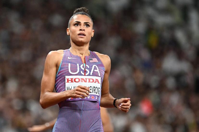 US' Sydney McLaughlin-Levrone reacts after crossing the finish line in the women's 400m semi-final during the World Athletics Championships in Tokyo on September 16, 2025.  Jewel SAMAD / AFP