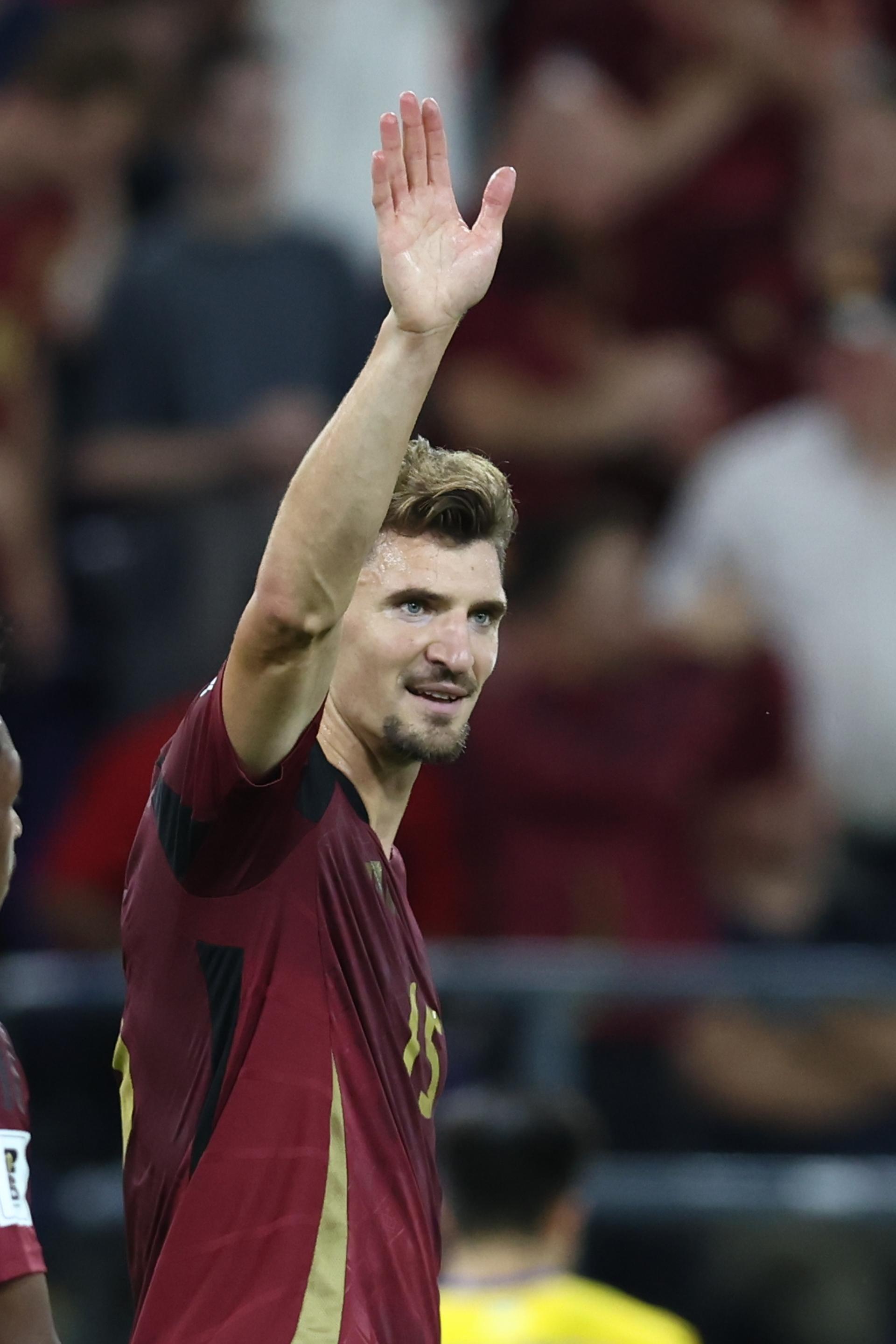 Belgium's Thomas Meunier celebrates after scoring during a soccer game between Belgian national soccer team Red Devils and Kazakhstan, in Brussels, on Sunday 07 September 2025, the fourth (out of 8) qualification games for the World Cup 2026. BELGA PHOTO BRUNO FAHY