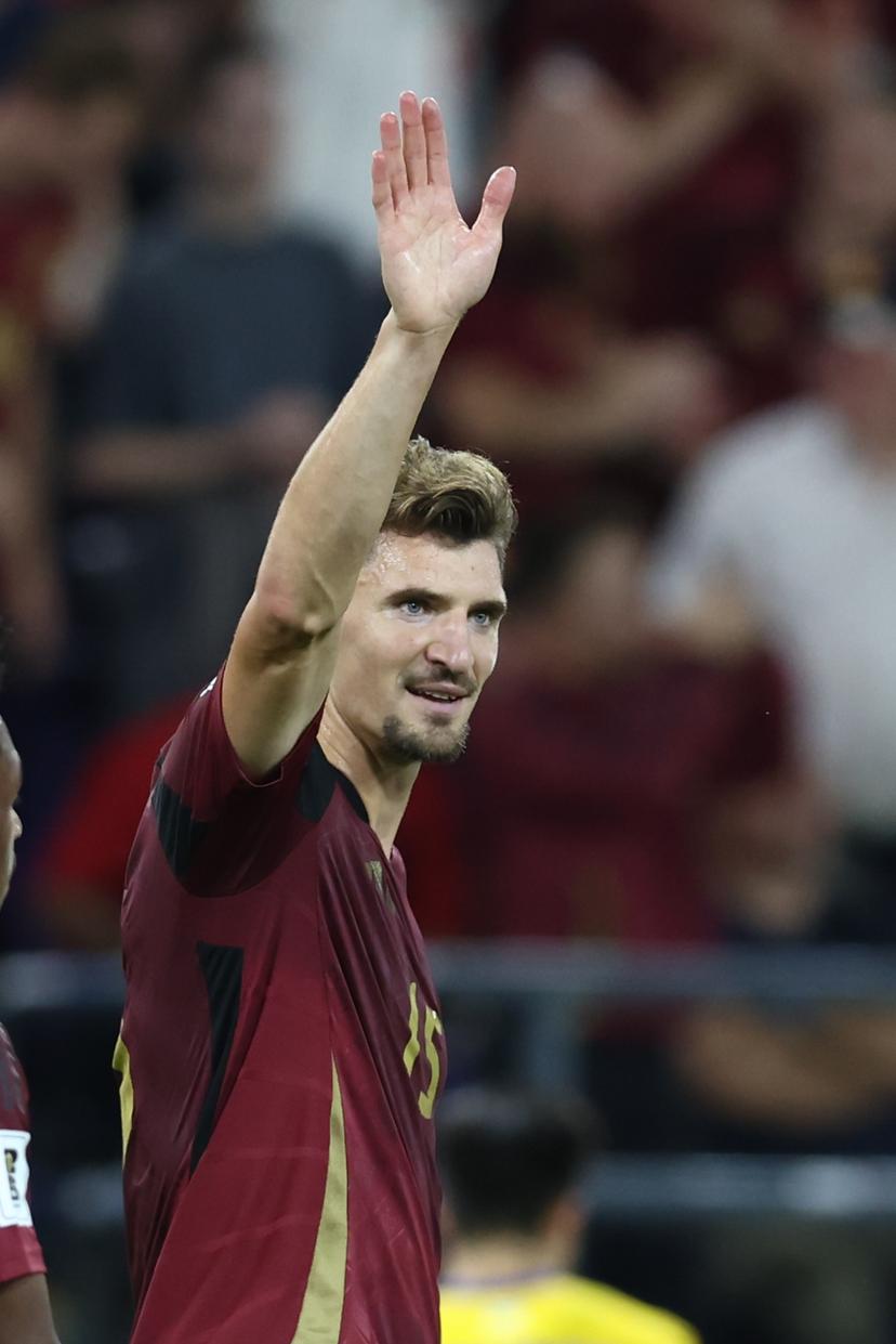 Belgium's Thomas Meunier celebrates after scoring during a soccer game between Belgian national soccer team Red Devils and Kazakhstan, in Brussels, on Sunday 07 September 2025, the fourth (out of 8) qualification games for the World Cup 2026. BELGA PHOTO BRUNO FAHY
