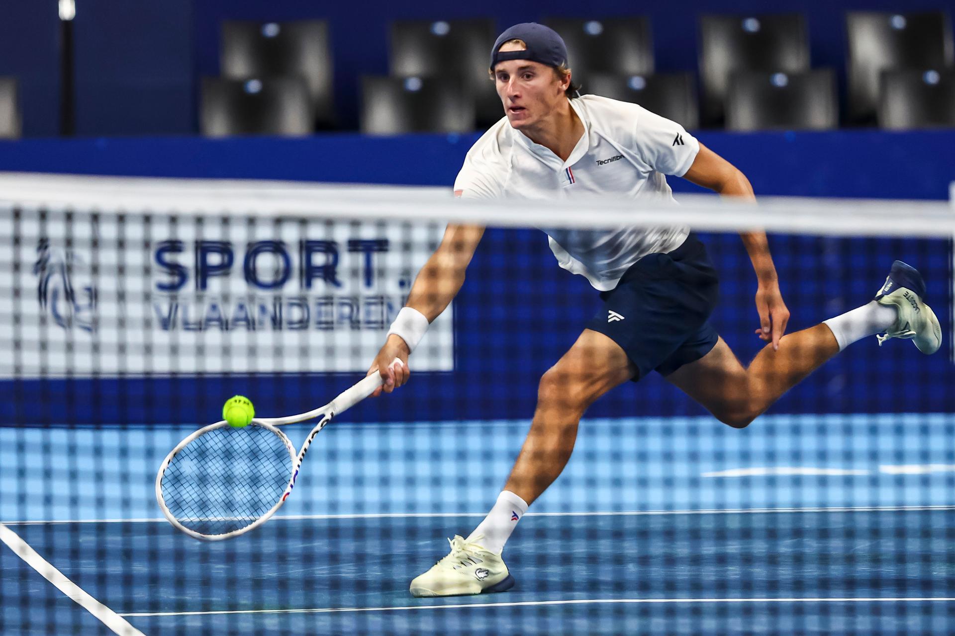 Belgian Emilien Demanet pictured in action during the qualifying phase of the European Open Tennis ATP tournament, in Antwerp, Sunday 13 October 2024. BELGA PHOTO DAVID PINTENS