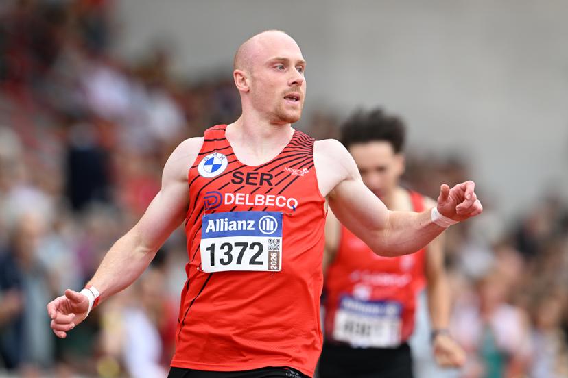 Belgian Antoine Snyders pictured in action during the men's 200m race, at the Belgian athletics championships, Sunday 26 July 2026 in Kessel-Lo, Leuven. BELGA PHOTO JILL DELSAUX